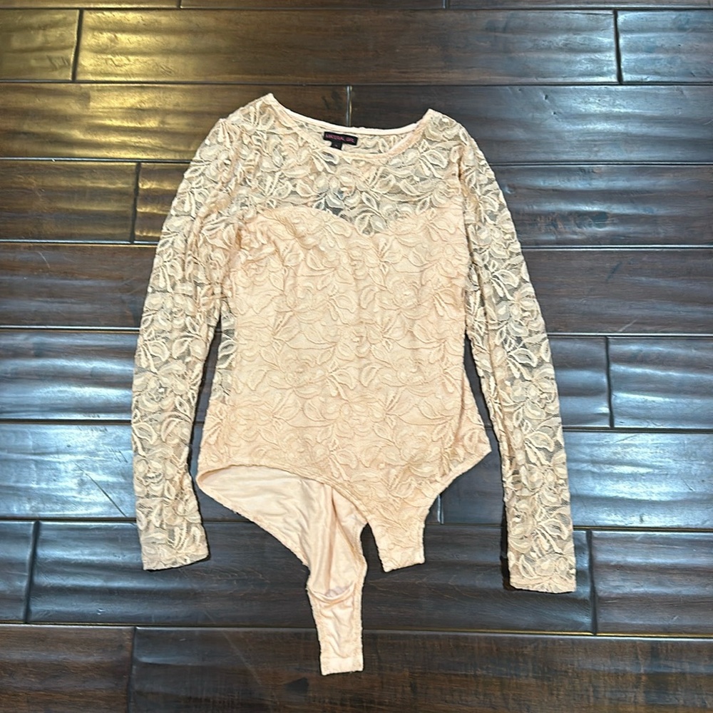 Material girl peachy lace long sleeve body suit